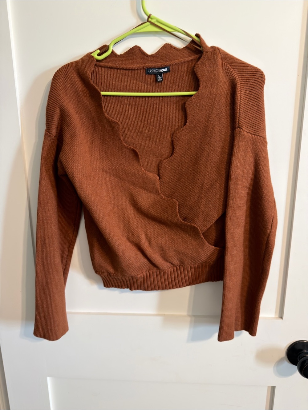 Fashion Nova Rust Scallop-Edge Wrap V-Neck Sweater